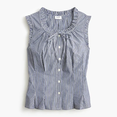 Striped ruffleneck tie-neck top