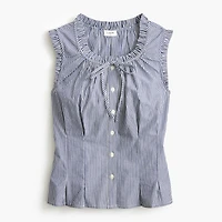 Striped ruffleneck tie-neck top