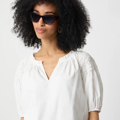 Puff-sleeve split-neck top