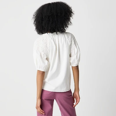 Puff-sleeve split-neck top
