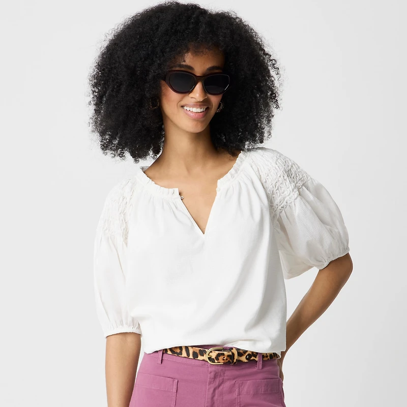 Puff-sleeve split-neck top