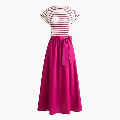 Button-shoulder tie-waist knit mixy dress