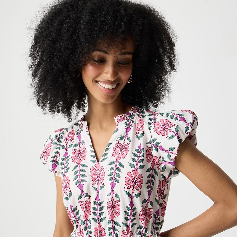 Printed V-neck puff-sleeve maxi dress