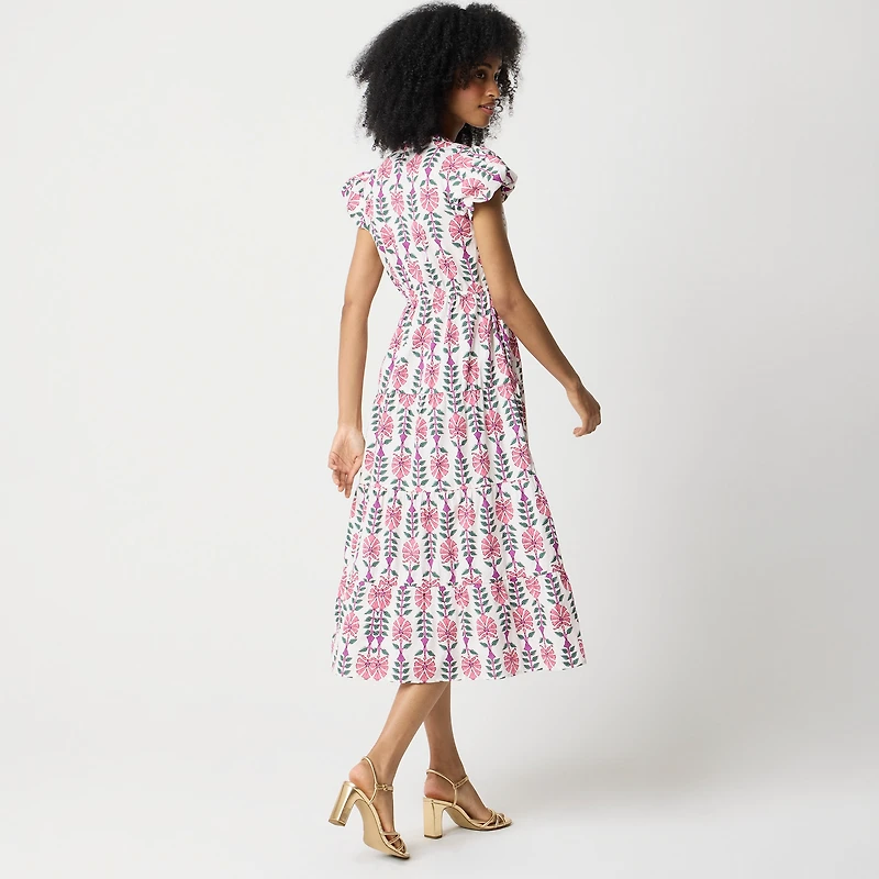 Printed V-neck puff-sleeve maxi dress
