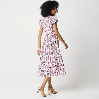 Printed V-neck puff-sleeve maxi dress