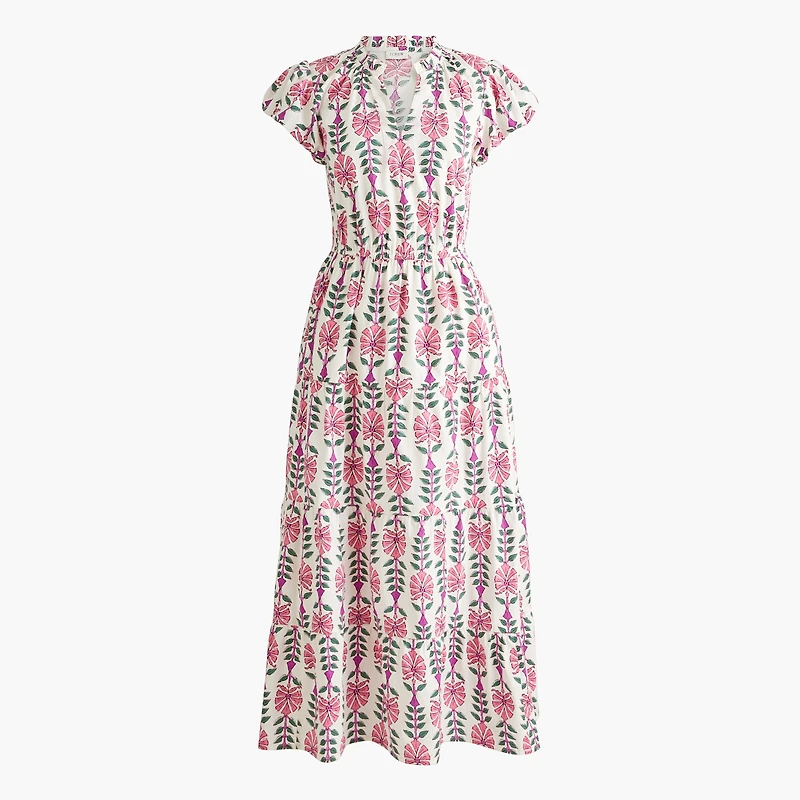 Printed V-neck puff-sleeve maxi dress