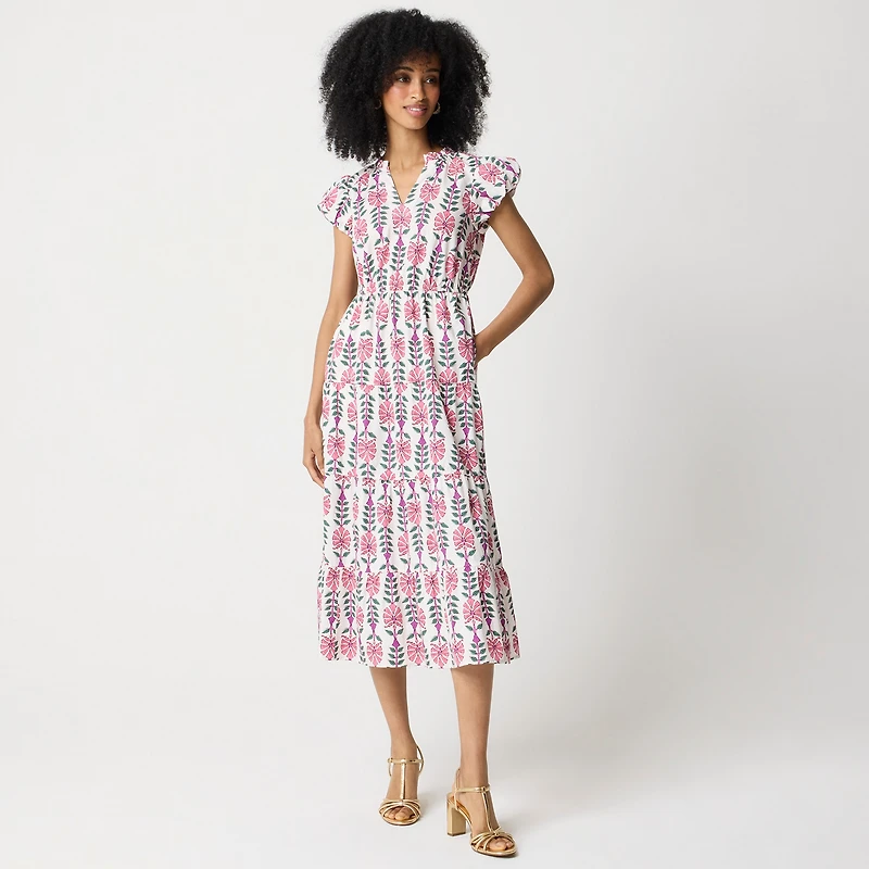 Printed V-neck puff-sleeve maxi dress