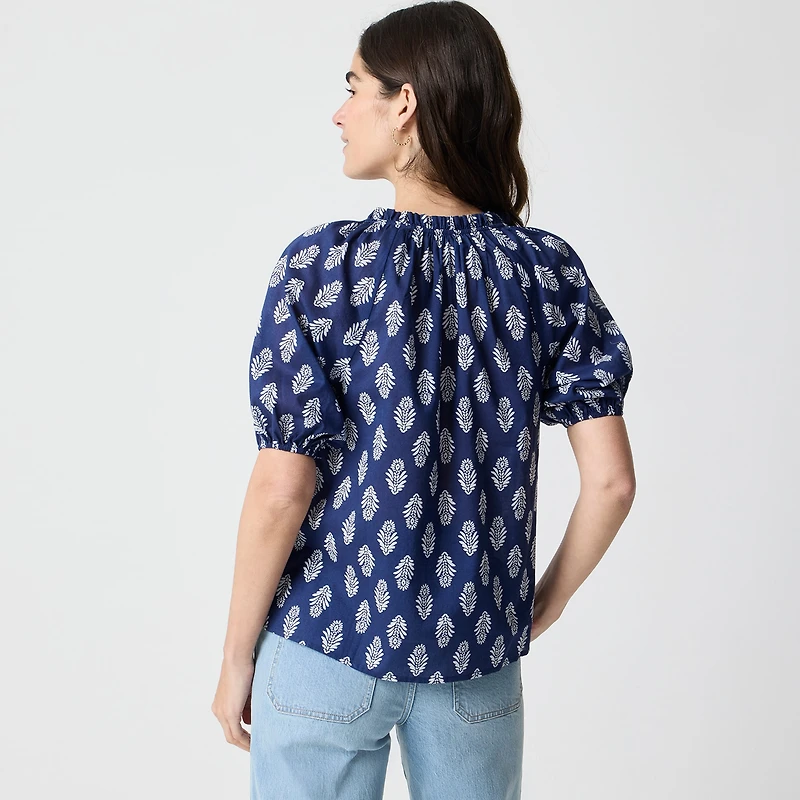 Printed puff-sleeve split-neck top