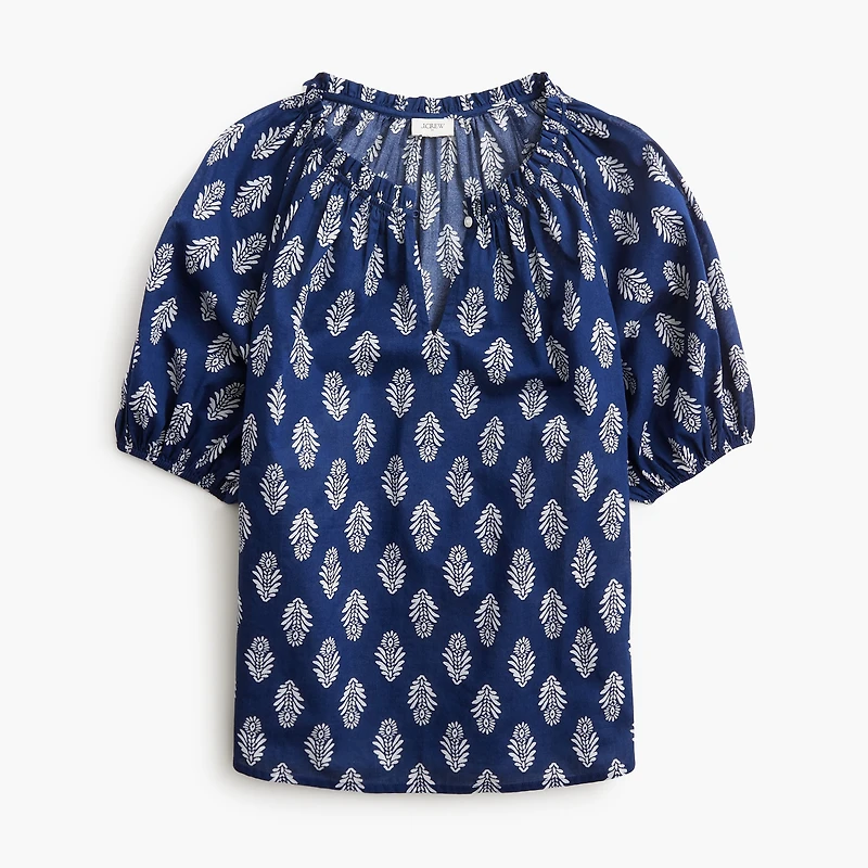 Printed puff-sleeve split-neck top