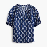 Printed puff-sleeve split-neck top
