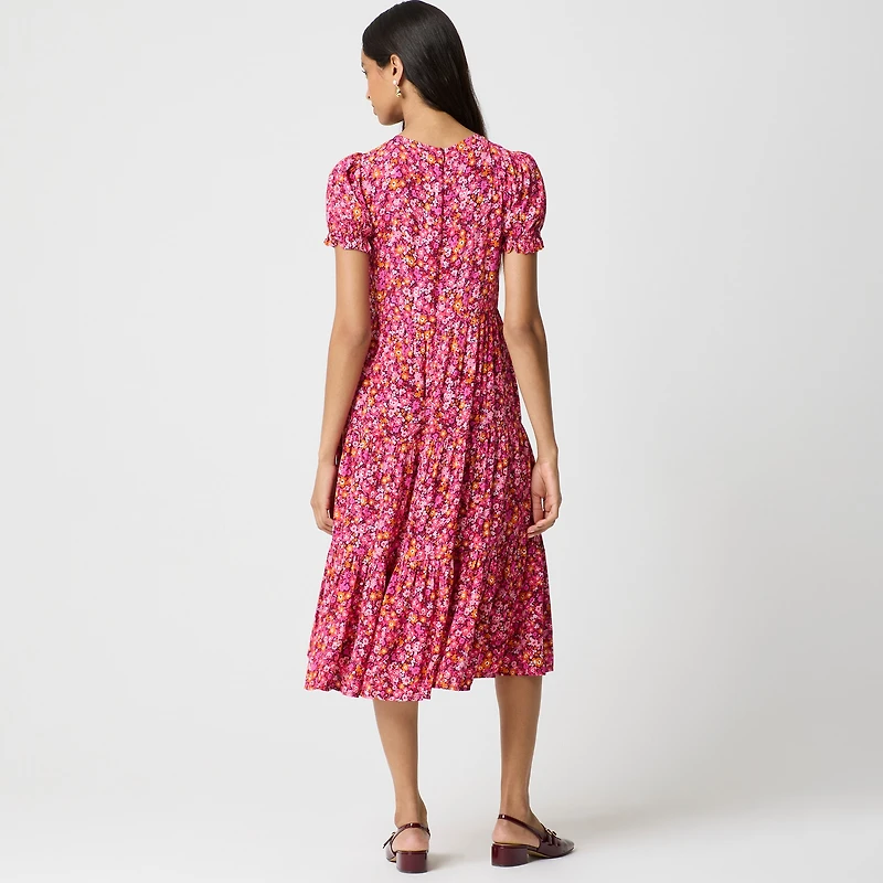 Puff-sleeve tiered midi dress