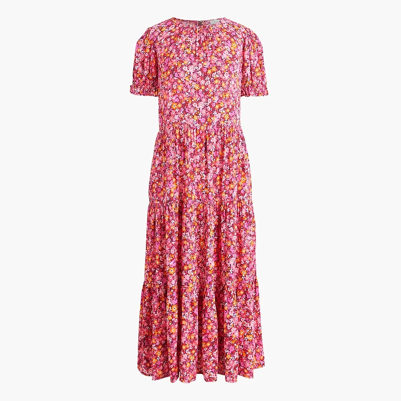 Puff-sleeve tiered midi dress