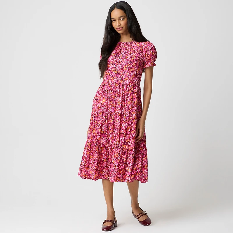 Puff-sleeve tiered midi dress