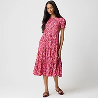 Puff-sleeve tiered midi dress