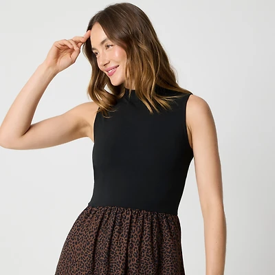 Printed mockneck knit mixed-media dress