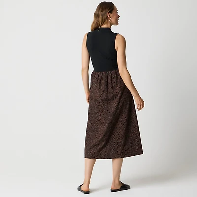 Printed mockneck knit mixed-media dress