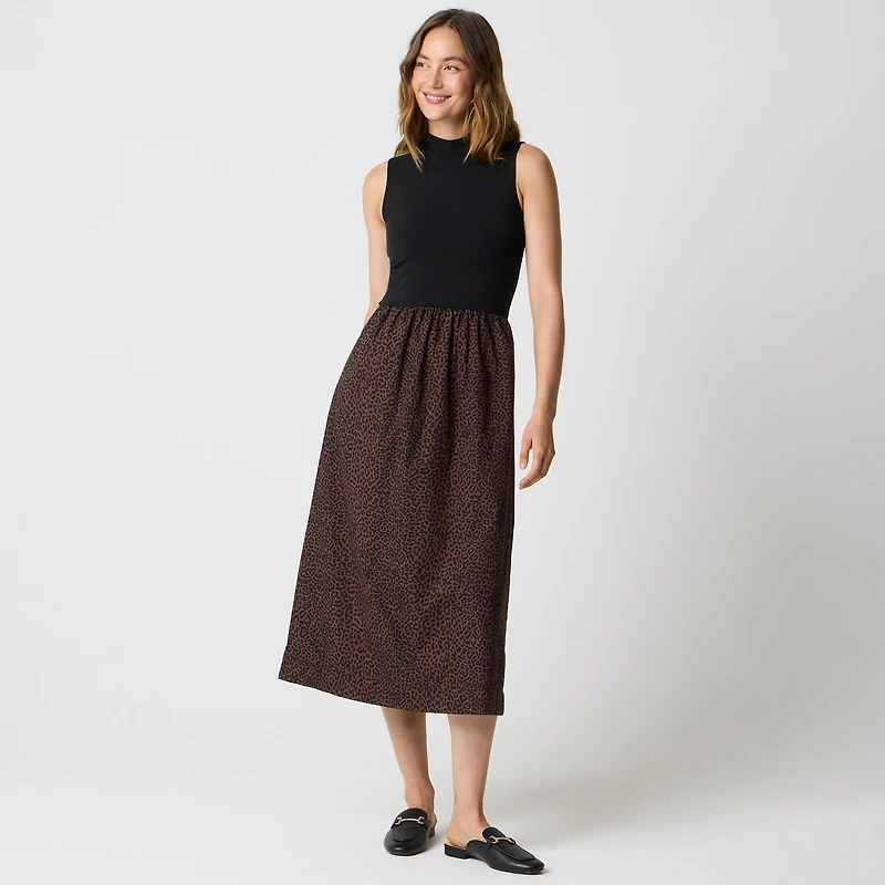 Printed mockneck knit mixed-media dress