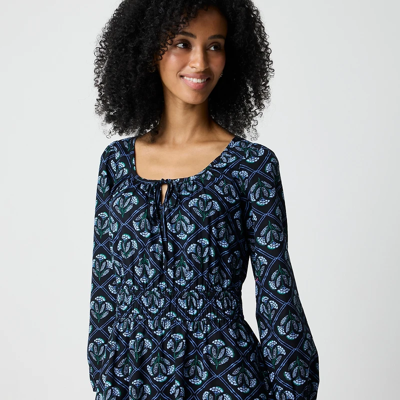 Long-sleeve smocked waist poplin dress