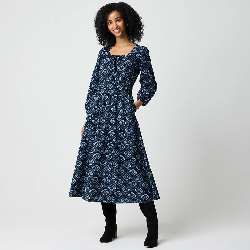 Long-sleeve smocked waist poplin dress
