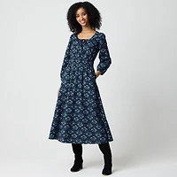 Long-sleeve smocked waist poplin dress