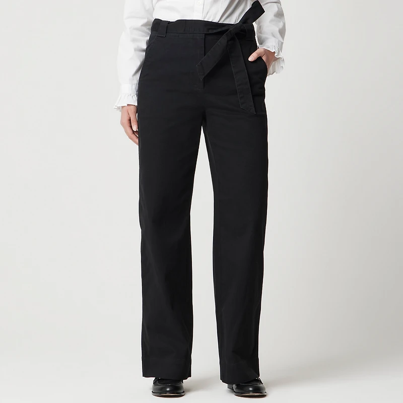 Twill wide-leg tie-waist chino pant