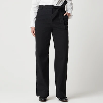 Twill wide-leg tie-waist chino pant