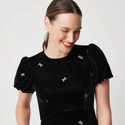 Velvet puff-sleeve midi dress