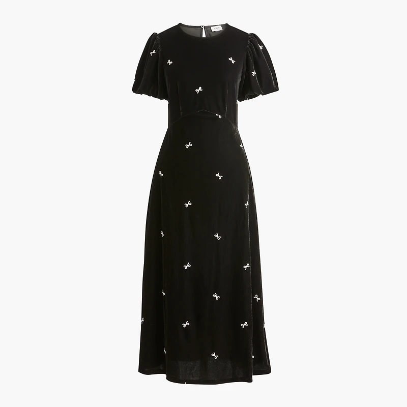 Puff-sleeve bow velvet midi dress