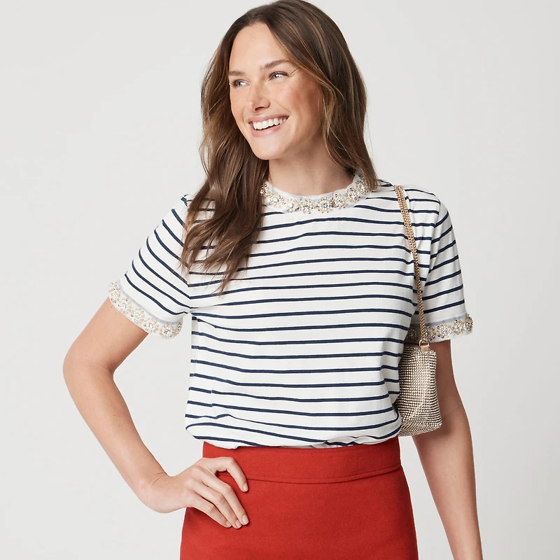 Striped embellished-trim tee