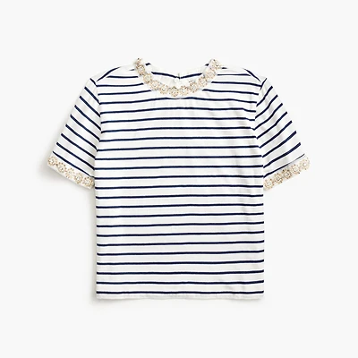 Striped embellished-trim tee