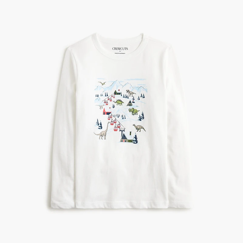 Boys' long-sleeve dinosaur ski village graphic tee