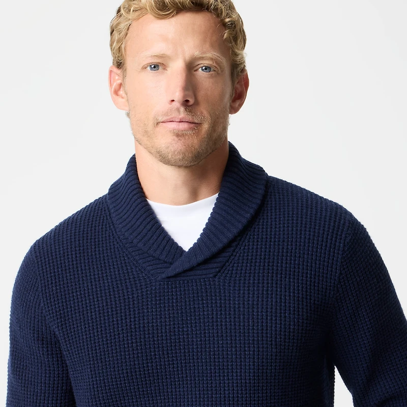 Waffle-stitch shawl-collar sweater