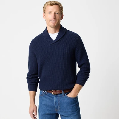 Waffle-stitch shawl-collar sweater