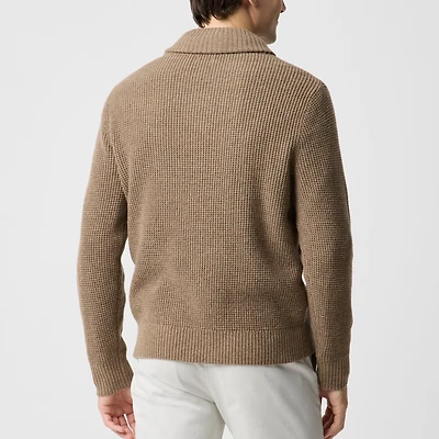 Waffle-stitch shawl-collar sweater