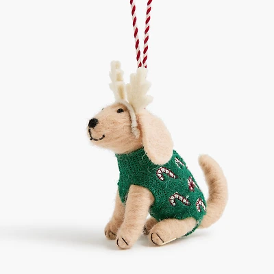 Dog in candy cane sweater and antlers ornament
