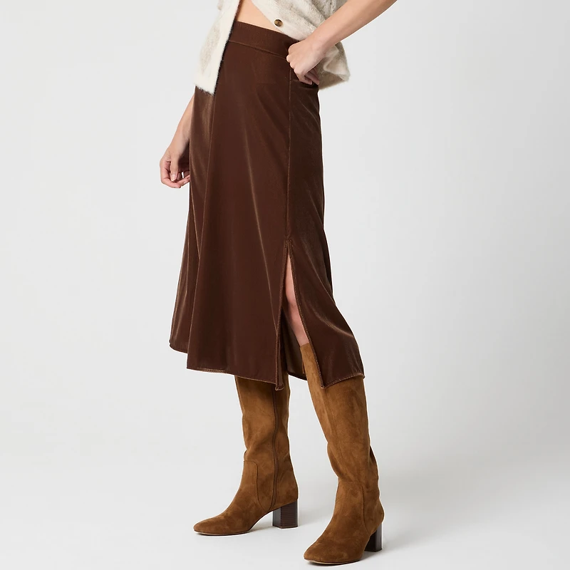 Velvet pull-on midi skirt