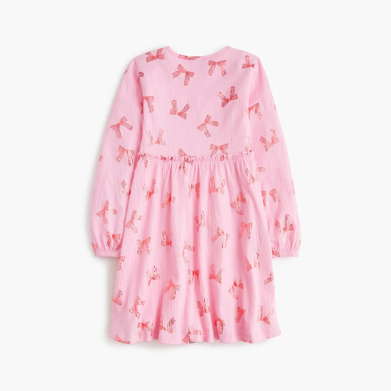 Girls' crinkle-knit shiny bow dress