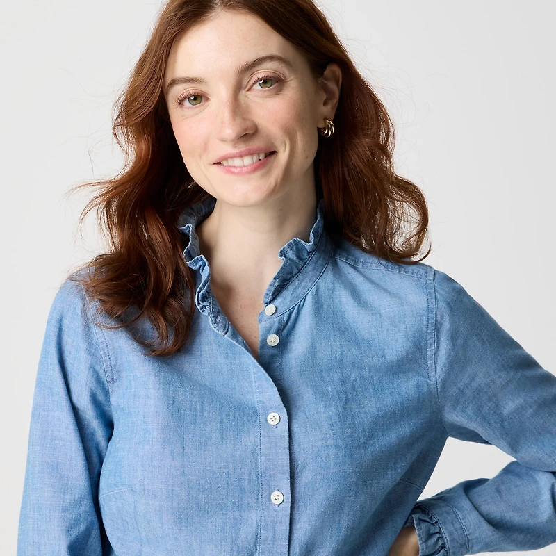 Chambray ruffle button-down top