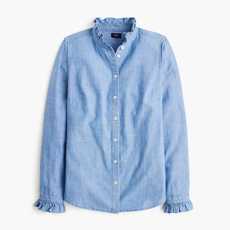 Chambray ruffle button-down top
