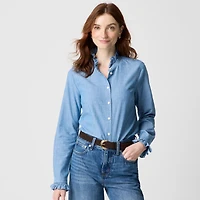 Chambray ruffle button-down top