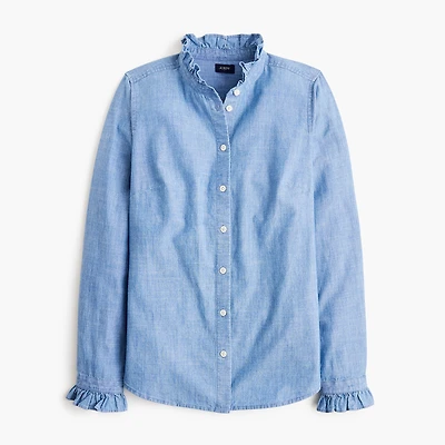 Chambray ruffle button-down top