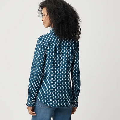 Printed ruffle button-up shirt