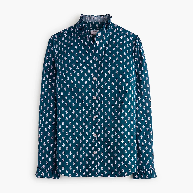 Printed ruffle button-up shirt