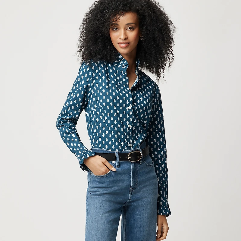 Printed ruffle button-up shirt