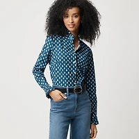 Printed ruffle button-up shirt