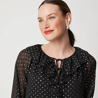 Gold polka-dot ruffle tie-front top
