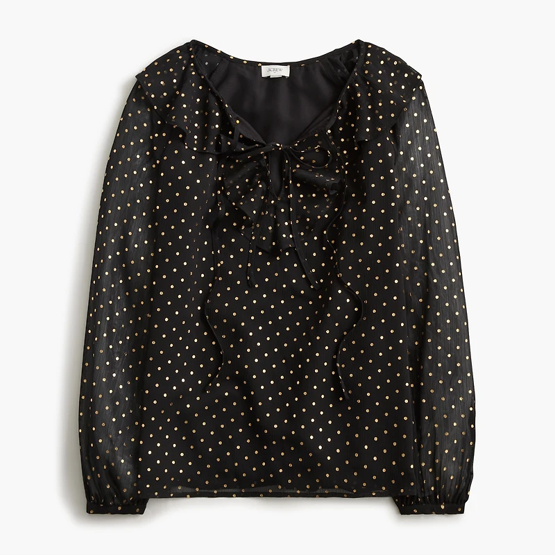 Gold polka-dot ruffle tie-front top