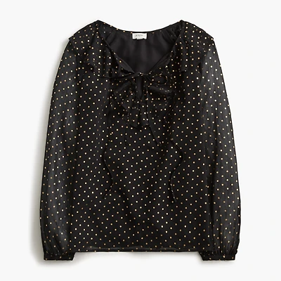 Gold polka-dot ruffle tie-front top