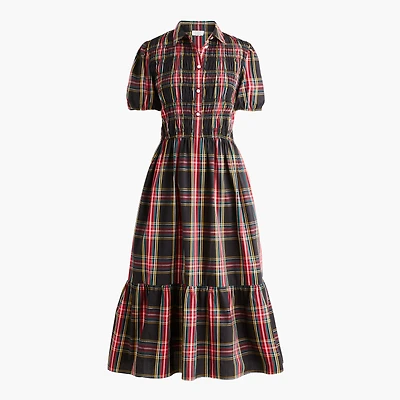 Tartan smocked midi shirt-dress