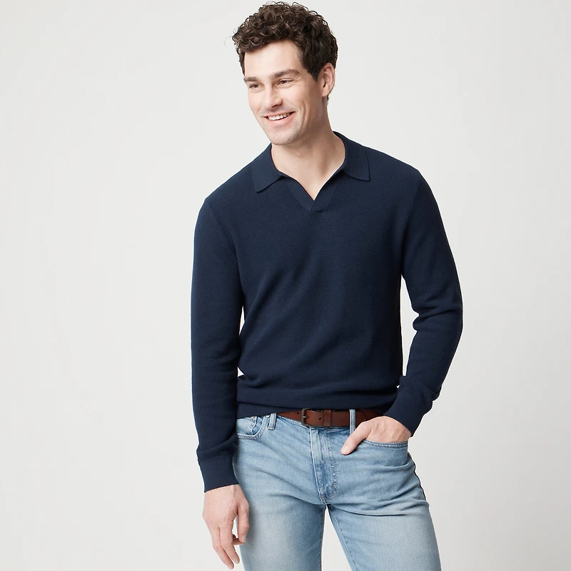 Cotton waffle johnny-collar sweater-polo